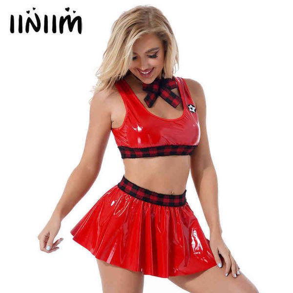 NXY SEXY STEN Women Lingerie vermelha brilhante Patente Patente Colher de couro com cal￧a redonda de pesco￧o com mini saia