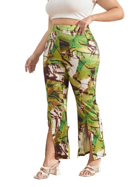 

plus graphic print split hem flare leg pants h0xh#, Black