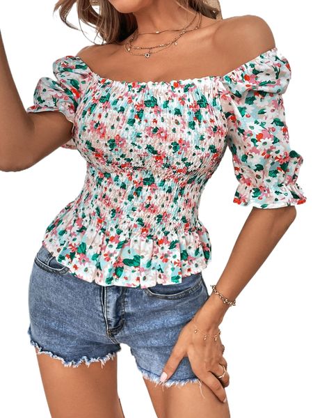 

floral print puff sleeve shirred peplum blouse n2fy#, White
