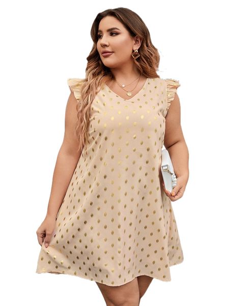 

plus gold dot print ruffle sleeve tunic dress d30r#, Black