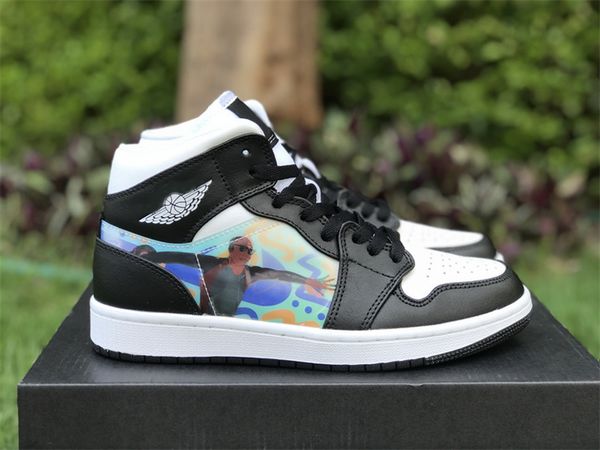 

mens jumpman 1 mid ps basketball shoes 1s hologram white black blue men women sport sneakers trainers size us 5.5-13, Red;white