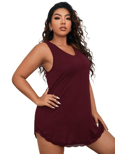

plus contrast lace curved hem nightdress 47yo#, Black;white