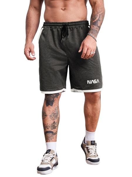 

extended sizes men letter graphic contrast trim shorts e1hj#, White;black