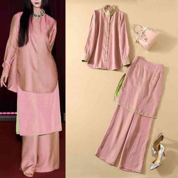 

women's two piece pants style early spring women's suit geometric pattern jacquard shirt half skirt wide leg pants three piece set, White
