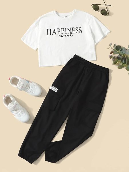 

girls letter graphic tee & flap pocket pants she, White