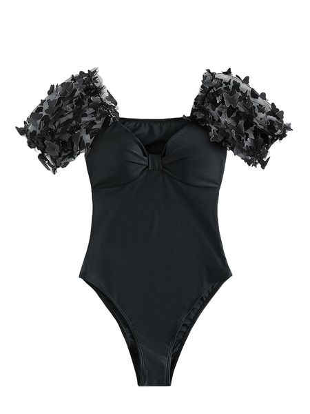 

butterfly appliques ruched one piece swimsuit m9v6#, White;black