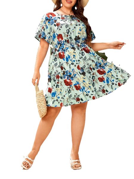 

plus all over floral print ruffle hem dress g6y3#, Black