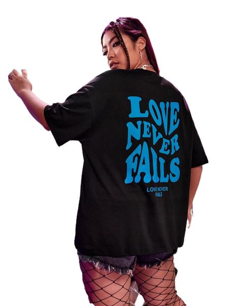 

plus slogan graphic drop shoulder tee c2k5#, Black