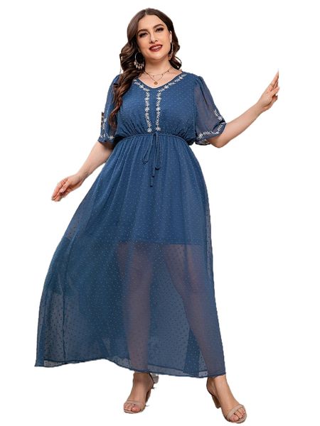 

plus swiss dot floral embroidery knot front chiffon dress a7x5#, Black