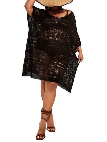 

plus hollow out dolman sleeve cover up without bikini set v5el#, Black