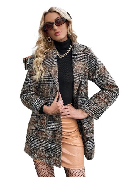 

plaid pattern pocket front double breasted lapel neck overcoat l3uy#, Black