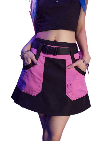 

romwe cyber luvr color-block belted skirt j0bz#, Black