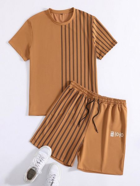 

extended sizes men striped print tee & letter graphic shorts c3c6#, Gray