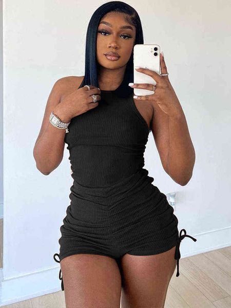

stunning ribbed ruched drawstring playsuit female crewneck sleeveless stretchy bodysuits summer solid pleated sporty bodysuits, White