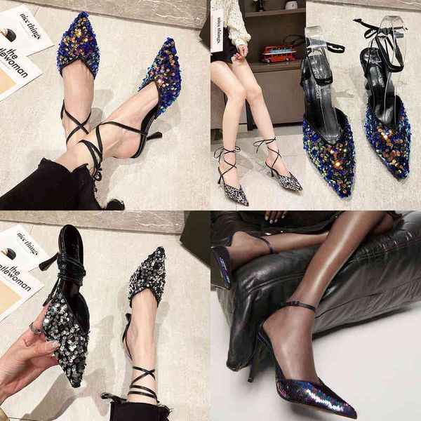 

dress shoes women sandals sequined buckle ankle strap mules pointed toe bling thin heels ladies pumps fashion party wedding summer new 22050, Black