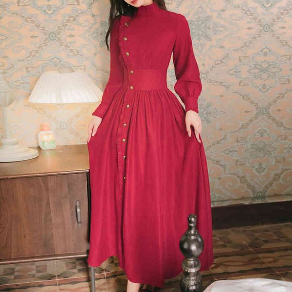 

casual dresses elegant little red skirt autumn women's ear edge stitching waist closing large lantern sleeve dress, Black;gray