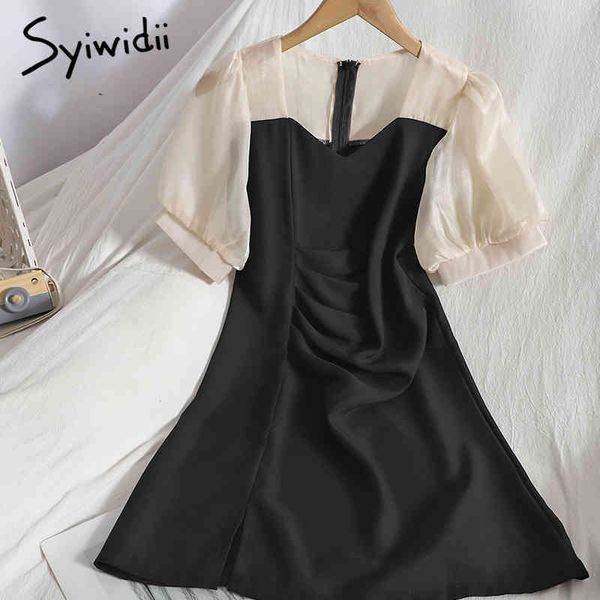 

fashion spliced contrase color high waist dresses women short sleeve square collar aline slit clothing summer 210415, Black;gray