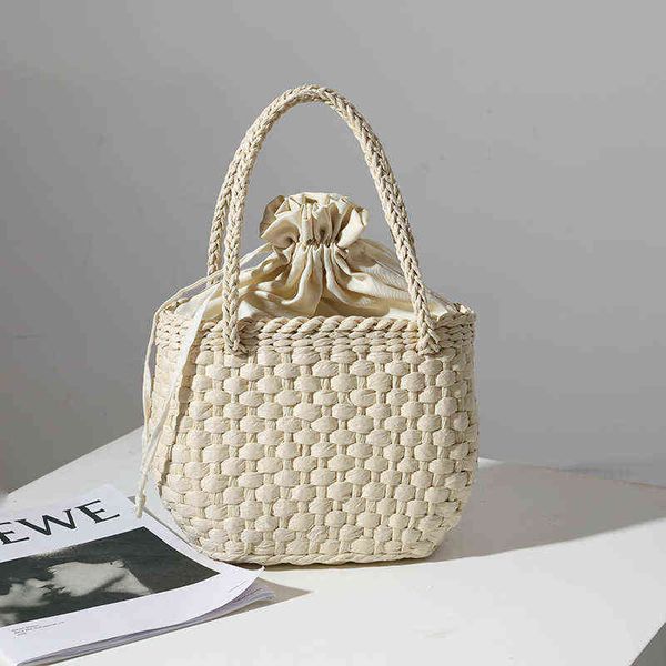 

shopping bags casual drawstring straw basket for women bohemia woven rattan handbag boho shopper shoulder travel beach 220412