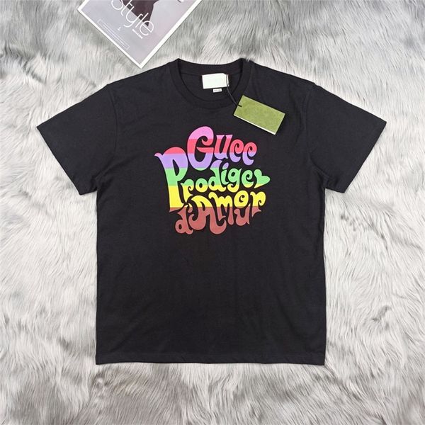 

summer new rainbow alphabet printed t-shirt round neck loose black and white men and women with lovers' short, White;black