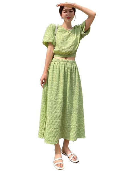 

dazy puff sleeve crop & split hem skirt p2qp#, White