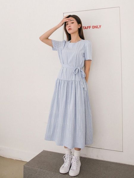 

dazy gingham self tie smock dress a660#, Black;gray