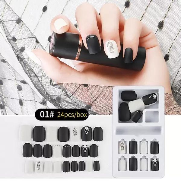 Destacáveis ​​24 pcs projetado cristal falso unhas artificiais definir capa completa para imprensa curta decorada na decoração de extensão de unhas