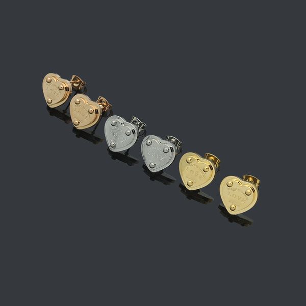 

classic style women love heart studs cute size 3 color luxury titanium steel earrings logo printed wedding party gifts wholesale, Golden;silver