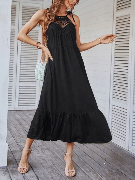 

contrast guipure lace tie shoulder ruffle hem cami dress u8yz#, Black;gray