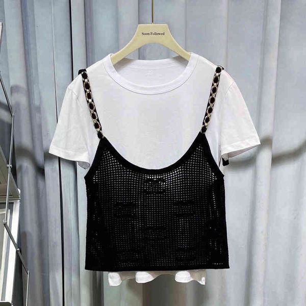 

women's knits & tees zhou xun's same two-piece set 2022 early spring mesh sling fake letter printed short sleeve hollow out knitte, White
