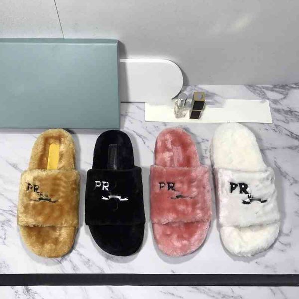 

slippers early autumn p family thick bottom one-line wool slipper triangle label leisure wear home comfortable slippers for women, Black