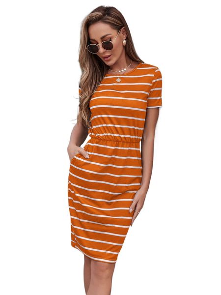 

striped pocket fitted dress h7ts#, Black;gray