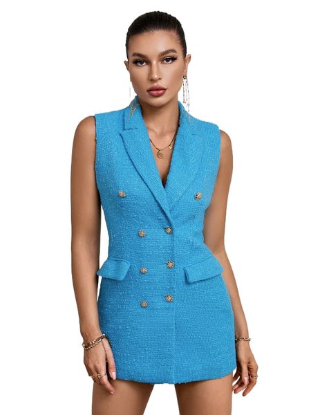 

double breasted tweed vest overcoat s6a6#, Black