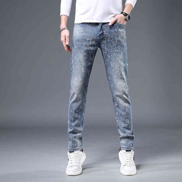

heavy craft letter diamond jeans men's slim fit feet 2022 summer new youth pants, Blue