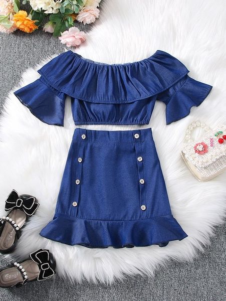 

toddler girls ruffle trim trumpet sleeve & fake button skirt she, White