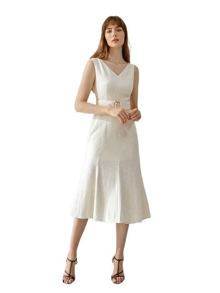 

motf premium linen belted mermaid dress r0mh#, Black;gray
