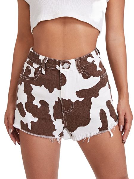

cow print raw hem denim shorts o61t#, White;black