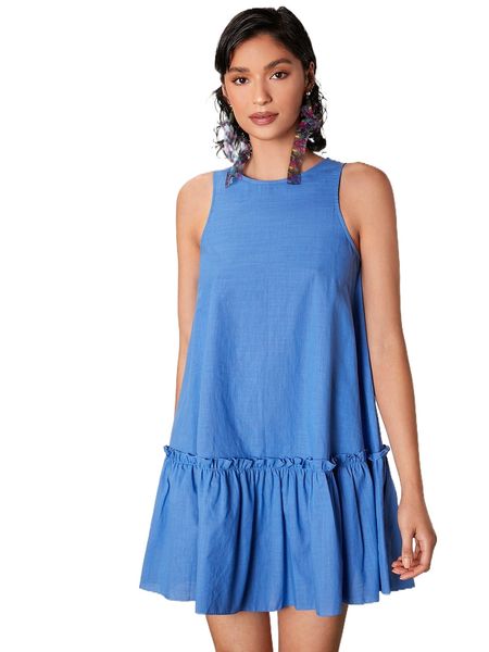 

solid frill trim smock dress b70s#, Black;gray