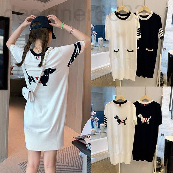 

casual dresses designer tb knitted white french dress women's middle sleeve dog print slim fit skirt medium length summer ieig, Black;gray