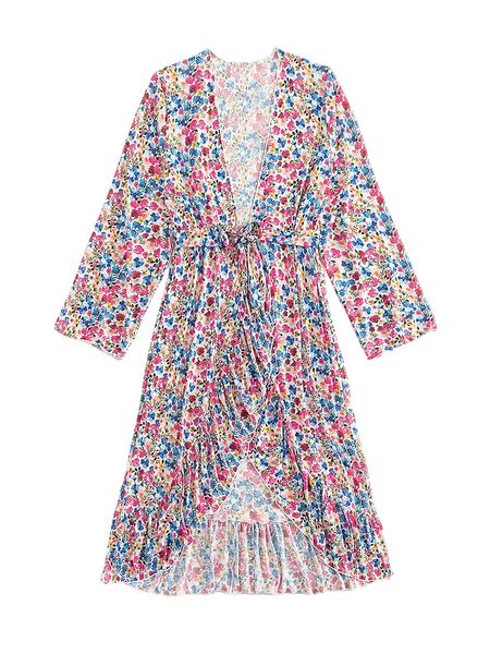 

ditsy floral ruffle hem belted kimono p8xl#, White;black