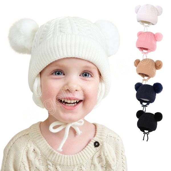 

autumn winter baby twist knitted beanie cap cute double hairball plush lined windproof ear warm caps infant outdoor hat children hat, Yellow