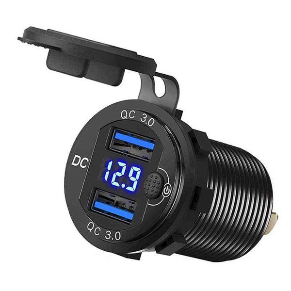 Carro USB Carregador QC3.0 Carro de Porto Dual Soquete USB Rápido com Interruptor de Display de Voltímetro Digital LED para veículos motor de barco W220328