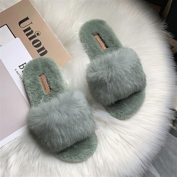 

1pairs 2pcs natural fur women slippers shoes new rabbit fur slippers home slides ladies furry indoor flip flops fluffy wo2578, Black;grey