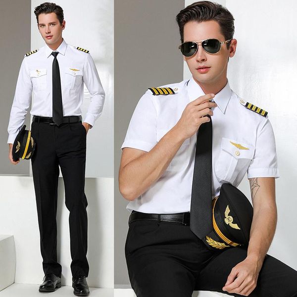 Camicie eleganti da uomo Pilota Assistente di volo Camicia bianca Capitano maschile Uniforme Abbigliamento da lavoro Abito estivo a maniche corteUomo