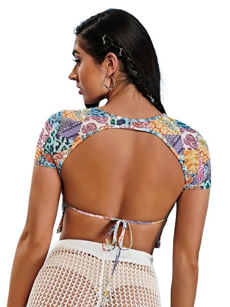 

paisley print backless tee t7sj#, White