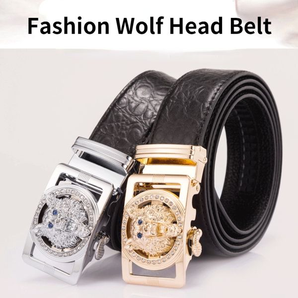 

leather classic luxury belt men's automatic buckle business dress belts korean wolf head versatile layer cowhide youth pants waistband, Black;brown