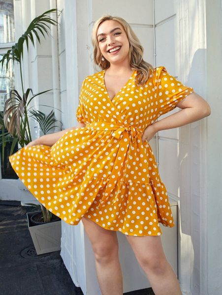 

plus puff sleeve self belted polka dot dress l8lv#, Black