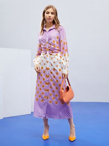 

x scube floral and geo print ruched shirt dress w3ux#, Black;gray