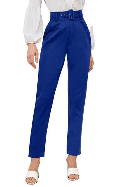 

solid eyelet buckle belted tailored pants p8i8#, Black;white