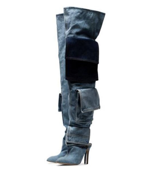 Inverno Nuove donne Moda Blue Jeans Denim Tasca con punta a punta Stivali sopra il ginocchio Donna Tacco alto sottile Coscia larga Botas lunghi