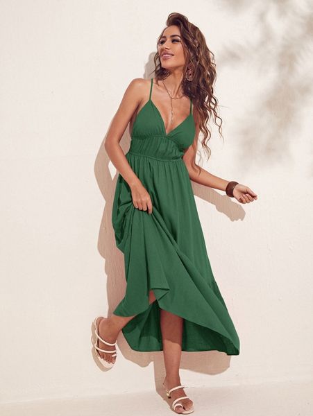 

criss cross backless ruffle hem cami dress m7xi#, Black;gray